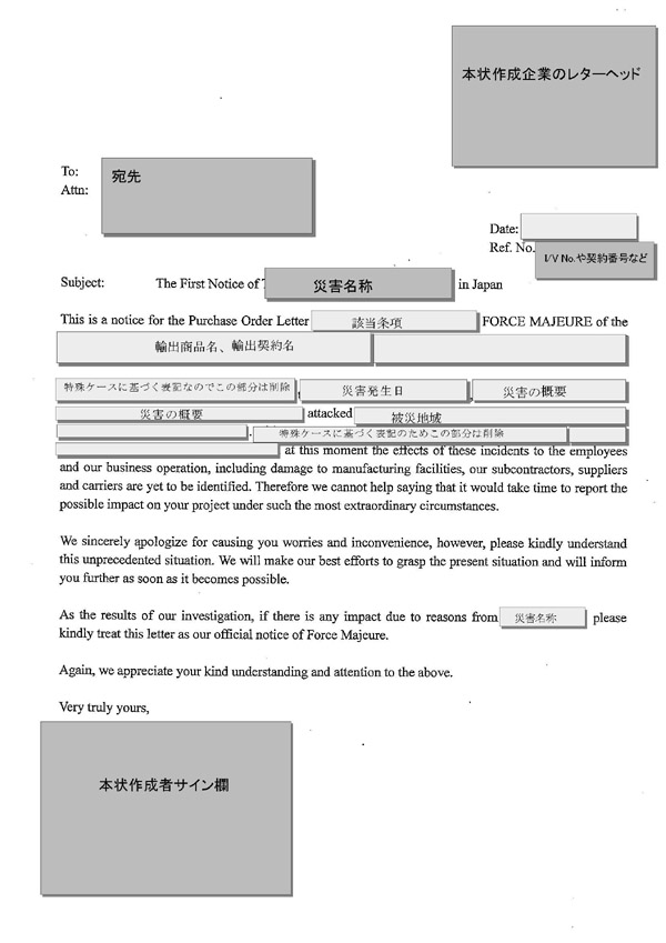 31. Notice of force majeure（不可抗力事態発生の通知）（2）取引への影響を調査中である旨を通知する例2